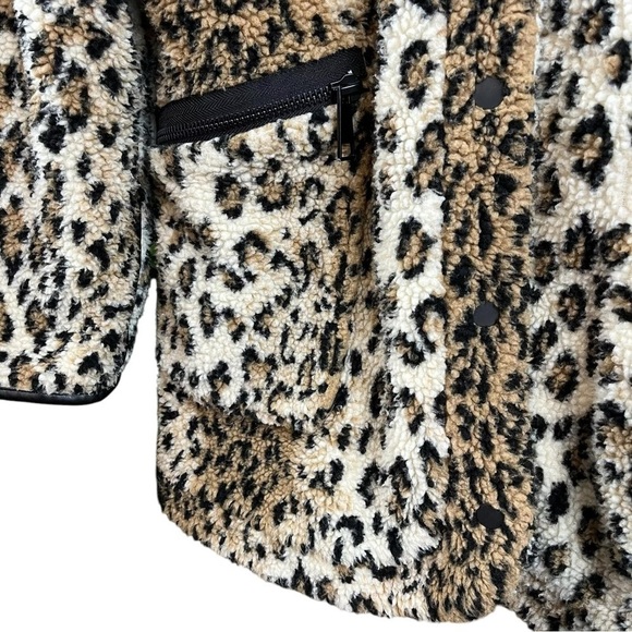 Blank NYC Fleece Leopard Print Faux Leather Trim Coat Jacket Beige Tan Small - Picture 7 of 12